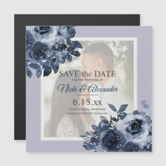 Romantic Dusty Navy Blue Photo Save Date Magnetische Uitnodiging