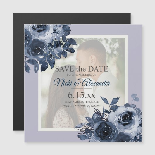 Romantic Dusty Navy Blue Photo Save Date Magnetische Uitnodiging (Voorkant / Achterkant)