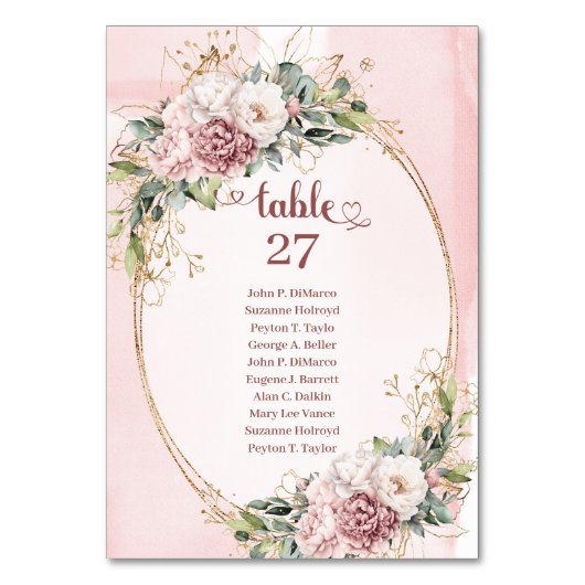 Romantic Dusty Pink Flowers Greenery Table Numbers Kaart (Voorkant)