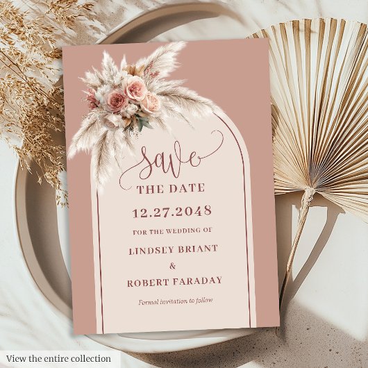 Romantic Dusty Pink Pampas Grass Arch Save Date Kaart