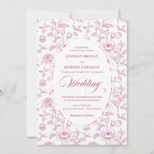 Romantic Dusty Pink Roses Pattern Wedding Invite Kaart (Voorkant)