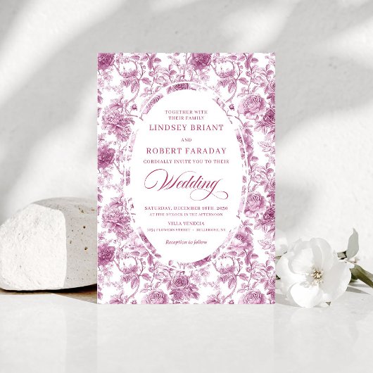 Romantic Dusty Pink Toile de Jouy Wedding Invites Kaart