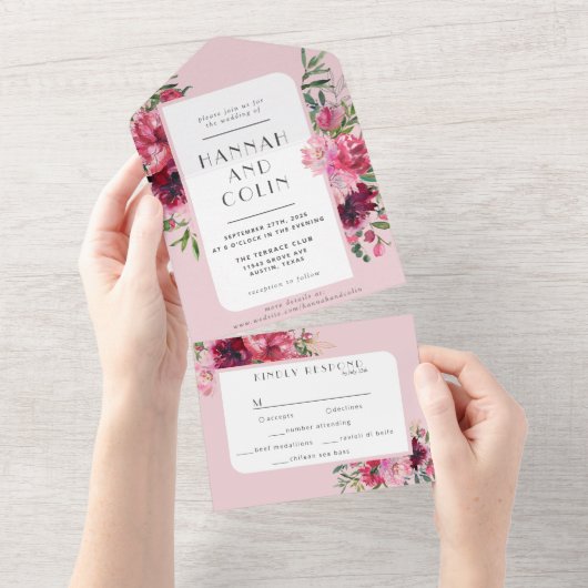 Romantic Dusty Roos Peony Modern Lijst All In One Uitnodiging (Afscheurbaar)