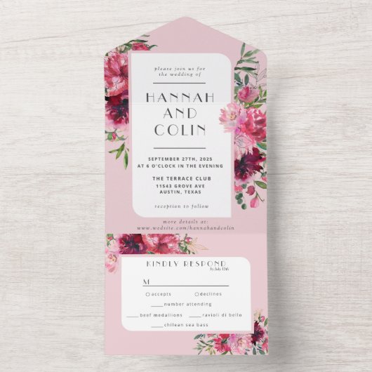 Romantic Dusty Roos Peony Modern Lijst All In One Uitnodiging (Binnen)