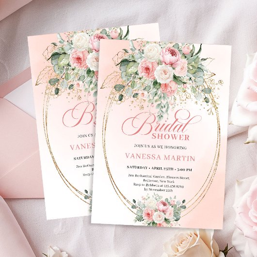 Romantic Dusty Rose Eucalyptus Gold Bridal Shower Kaart