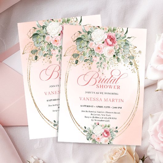 Romantic Dusty Rose Floral Bridal Shower Invite Kaart