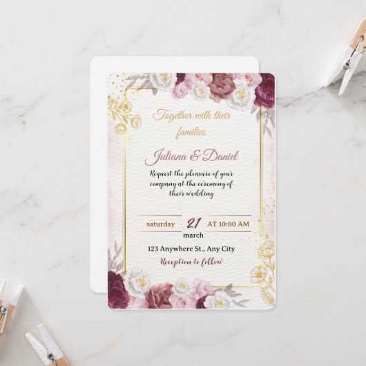 Romantic Dusty Rose Floral Wedding Invitation | Bo Kaart (Voorkant / Achterkant in situ)