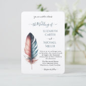 Romantic Dusty Rose Teal Feather  Wedding Kaart (Staand voorkant)