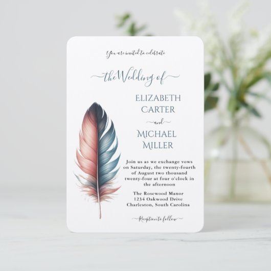 Romantic Dusty Rose Teal Feather  Wedding Kaart (Staand voorkant)