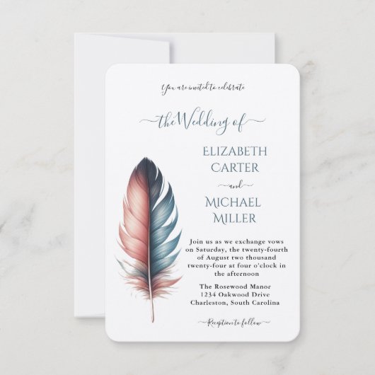 Romantic Dusty Rose Teal Feather  Wedding Kaart (Voorkant)