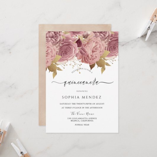 Romantic Dusty Rozen Blush Quinceanera Party Kaart (Voorkant / Achterkant in situ)