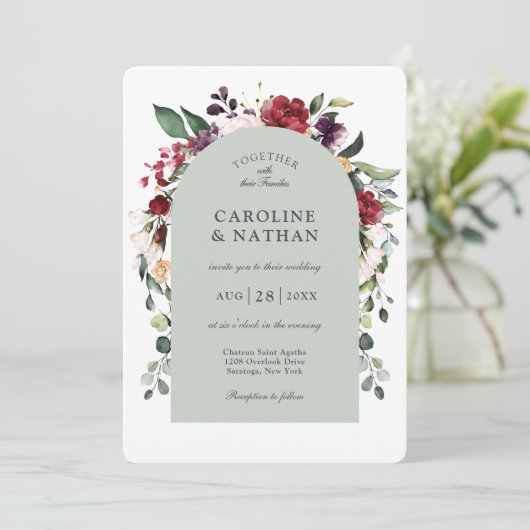 Romantic Dusty Sage Arch Floral Wedding Kaart (Staand voorkant)