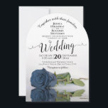 Romantic Dusty Steel Blue Roos Elegant Wedding Kaart<br><div class="desc">Deze mooie trouwuitnodiging bevat een foto van een langwerpig stalen blauw of blauw grijs roos met een hoge kleur die aan de zijkant van het schip reflecteert in een zwembad met rimpels en golven. De typografie kenmerkt een elegante manuscriptkalligrafie en de formulering maakt formeel deze uitnodiging zowel modern als klassiek....</div>
