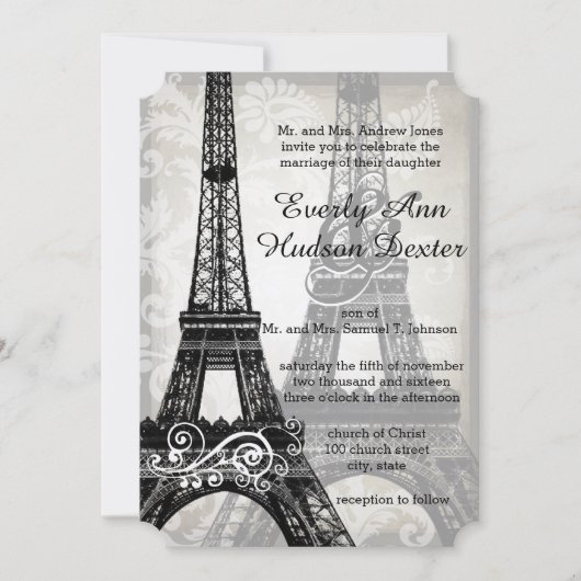 Romantic Eiffel Tower Shadows Damask Wedding Kaart (Voorkant)