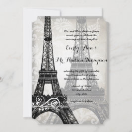Romantic Eiffel Tower Shadows Damask Wedding Kaart