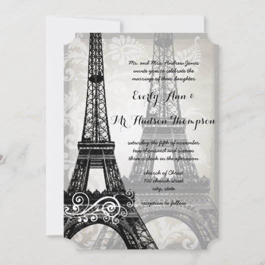 Romantic Eiffel Tower Shadows Damask Wedding Kaart (Voorkant)