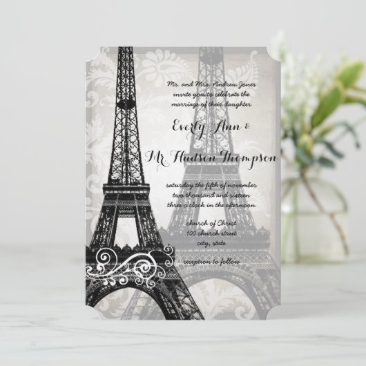 Romantic Eiffel Tower Shadows Damask Wedding Kaart (Staand voorkant)
