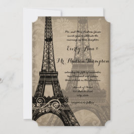 Romantic Eiffel Tower Shadows Damask Wedding Kaart