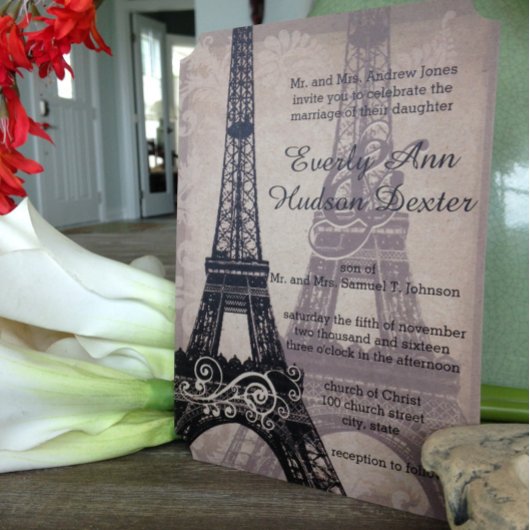 Romantic Eiffel Tower Shadows Damask Wedding Kaart