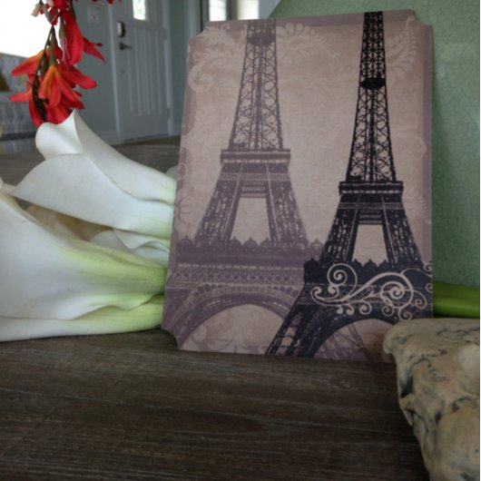 Romantic Eiffel Tower Shadows Damask Wedding Kaart