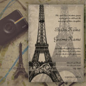 Romantic Eiffel Tower Shadows Damask Wedding Kaart