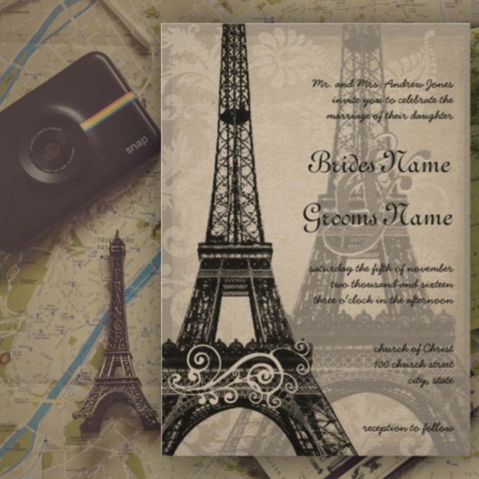 Romantic Eiffel Tower Shadows Damask Wedding Kaart
