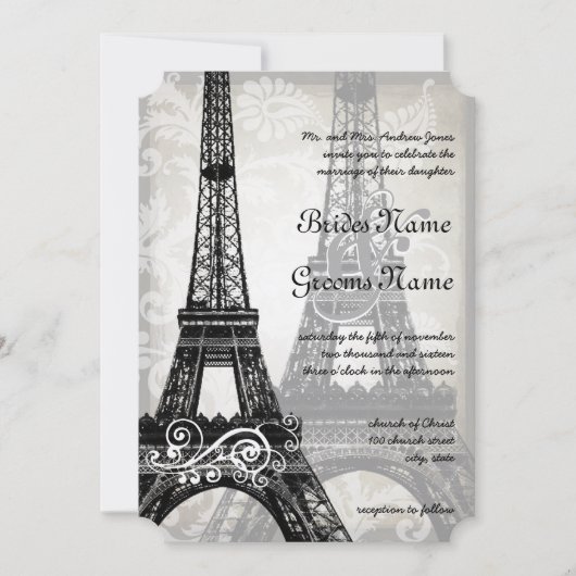 Romantic Eiffel Tower Shadows Damask Wedding Kaart (Voorkant)
