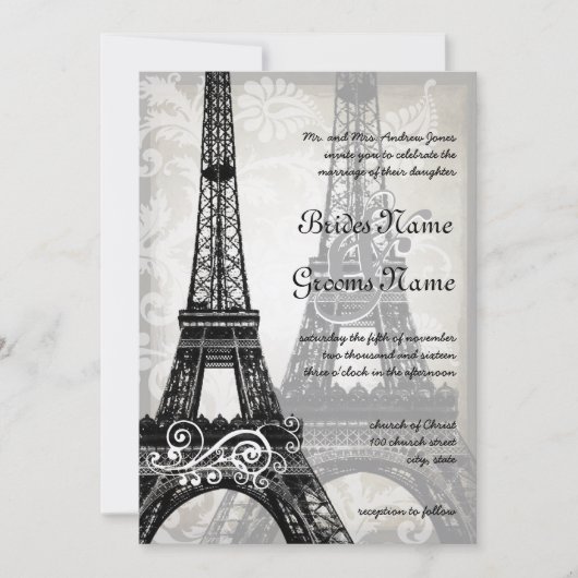 Romantic Eiffel Tower Shadows Damask Wedding Kaart (Voorkant)