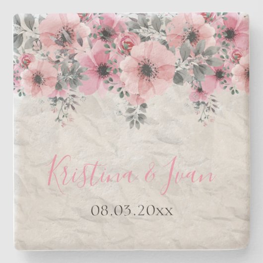 Romantic Elegant Antiek Floral Wedding Stenen Onderzetter (Voorkant)