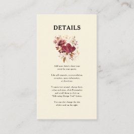 Romantic Elegant Burgundy &Cream Hearts & Flowers Informatiekaartje