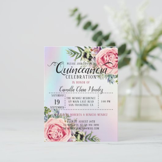 Romantic Elegant Floral Quinceañera Kaart (Staand voorkant)
