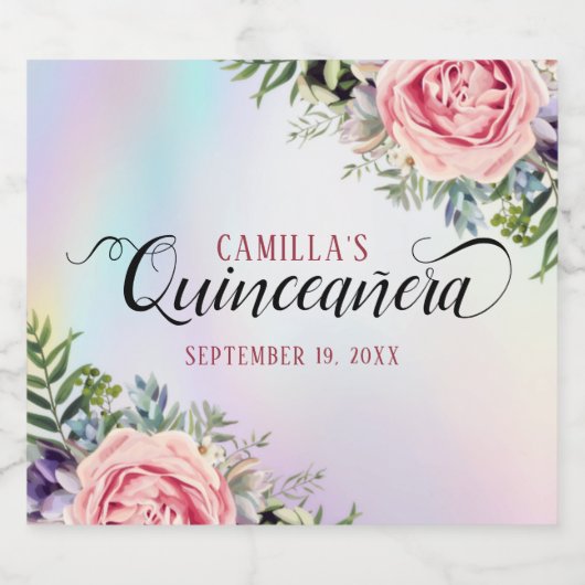 Romantic Elegant Floral Quinceañera Sparkling Wijnetiket (Enkel label)