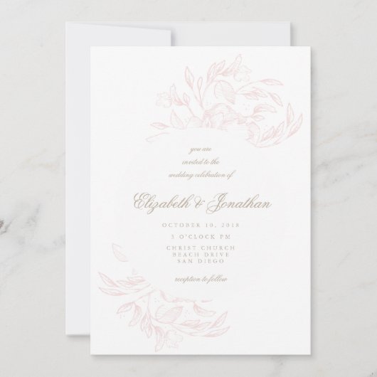 Romantic Elegant Floral Sketch Wedding Uitnodiging (Voorkant)