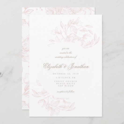 Romantic Elegant Floral Sketch Wedding Uitnodiging (Voorkant / Achterkant)