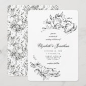 Romantic Elegant Floral Sketch Wedding Uitnodiging (Voorkant / Achterkant)