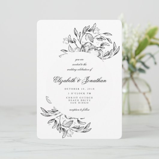 Romantic Elegant Floral Sketch Wedding Uitnodiging (Staand voorkant)