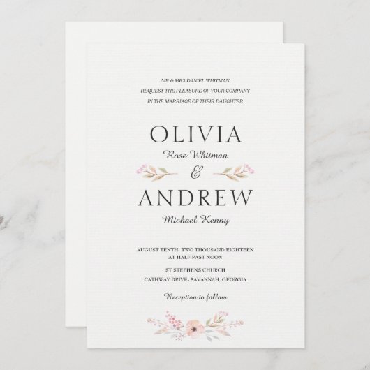 Romantic & Elegant Floral Wedding Invitation Kaart (Voorkant / Achterkant)