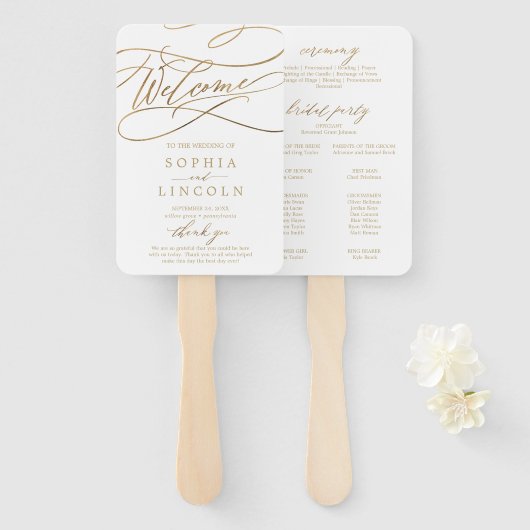 Romantic Elegant Gold Calligraphy Program Fan Handwaaier (Voorkant en achterkant)