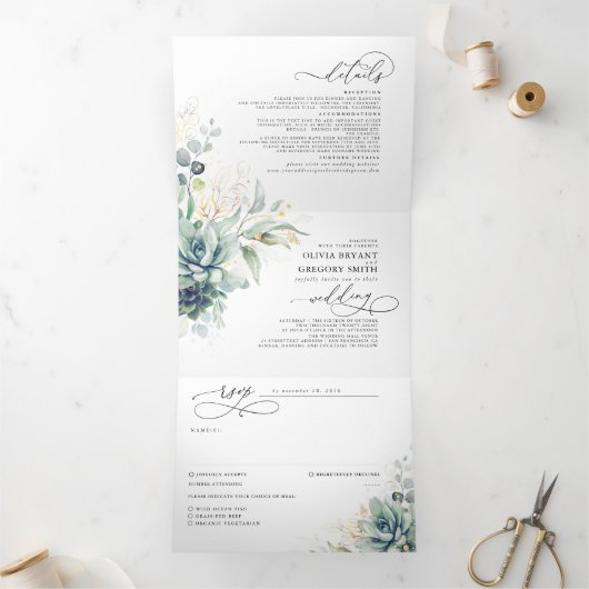 Romantic Elegant Gold Succulents Greenery Wedding Drieluik Uitnodiging (Binnen)