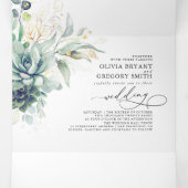 Romantic Elegant Gold Succulents Greenery Wedding Drieluik Uitnodiging (Binnenkant midden)