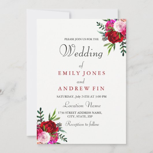 Romantic Elegant Red Pink Rose Wedding Uitnodiging (Voorkant)