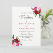 Romantic Elegant Red Pink Rose Wedding Uitnodiging (Staand voorkant)