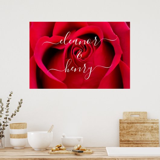 Romantic Elegant Red Rose Couple Names Script Poster (Keuken)