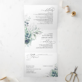 Romantic Elegant Silver Succulent Greenery Wedding Drieluik Uitnodiging