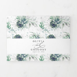 Romantic Elegant Silver Succulent Greenery Wedding Drieluik Uitnodiging