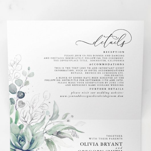 Romantic Elegant Silver Succulent Greenery Wedding Drieluik Uitnodiging (Binnenzijde eerst)