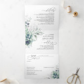 Romantic Elegant Silver Succulent Greenery Wedding Drieluik Uitnodiging (Binnen)