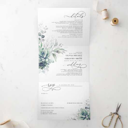 Romantic Elegant Silver Succulent Greenery Wedding Drieluik Uitnodiging (Binnen)