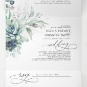 Romantic Elegant Silver Succulent Greenery Wedding Drieluik Uitnodiging (Binnenkant midden)