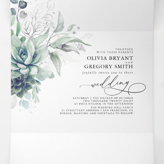 Romantic Elegant Silver Succulent Greenery Wedding Drieluik Uitnodiging (Binnenkant midden)